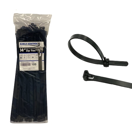 Kable Kontrol Cable Tie, 14 in L, 4 in Max Bundle Dia., Black, Nylon 6/6, 50 lb Strength, 100 PK CTR1400BLK